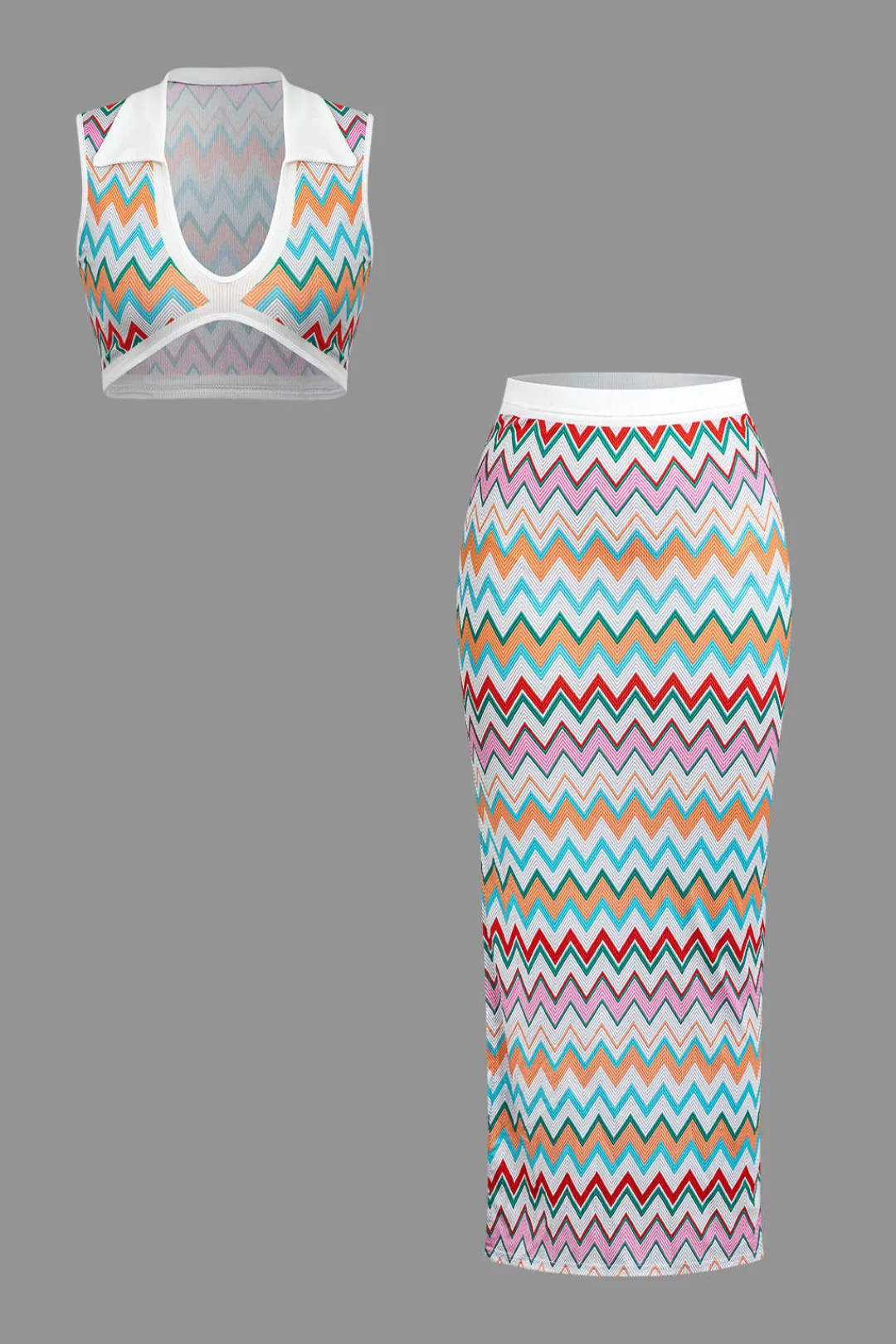 MICAS Skirt Sets|Vacation Sets-Contrast V-neck Crop Knit Tank Top And Split Maxi Skirt Set MULTICOLOR