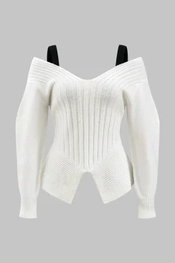 MICAS Knitwear|Knit Tops-Contrast V-neck Sweater Long-Sleeve Top IVORY