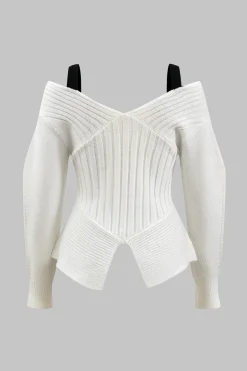 MICAS Knitwear|Knit Tops-Contrast V-neck Sweater Long-Sleeve Top IVORY