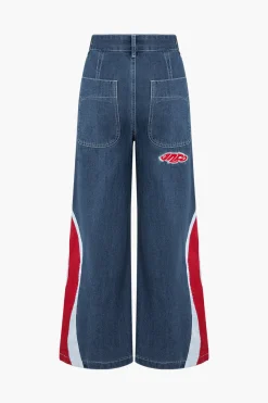 MICAS Jeans-Contrast Wave Pattern Wide Leg Jeans BLUE