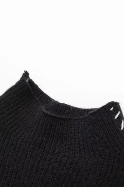 MICAS Knitwear|Knit Tops-Contrast Whipstitching Turtleneck Long Sleeve Sweater BLACK