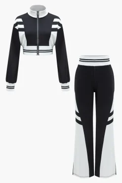 MICAS Pant Sets-Contrast Zipper Collar Cropped Jacket And Trousers Set BLACK