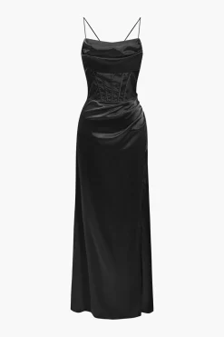 MICAS Maxi Dresses-Corset Cowl Neck High Slit Maxi Dress
