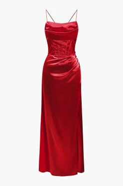 MICAS Maxi Dresses-Corset Cowl Neck High Slit Maxi Dress