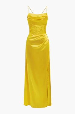 MICAS Maxi Dresses-Corset Cowl Neck High Slit Maxi Dress