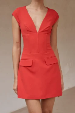 MICAS Mini Dresses-Corset V-Neck Short Sleeve Mini Dress RED
