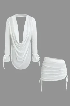 MICAS Skirt Sets|Vacation Sets-Cowl Neck Backless Tie Mesh Top And Asymmetrical Mini Skirt Set