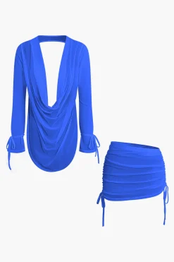 MICAS Skirt Sets|Vacation Sets-Cowl Neck Backless Tie Mesh Top And Asymmetrical Mini Skirt Set