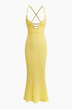 MICAS Maxi Dresses-Crisscross Back Textured V-neck Maxi Dress CREAM YELLOW