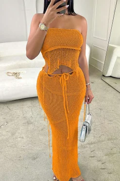 MICAS Skirt Sets|Vacation Sets-Crochet Backless Tube Top And Split Skirt Set