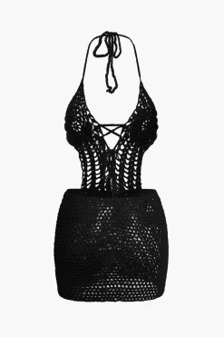 MICAS Vacation Sets|Knit Dresses-Crochet Halter Backless Mini Dress