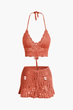 MICAS Knitwear|Vacation Sets-Crochet Halter Knit Cami Top And Mini Skirt Set