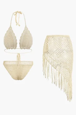 MICAS Swimwear|Vacation Sets-Crochet Halter Neck Bikini Set And Asymmetric Tassel Cover Up Set BEIGE
