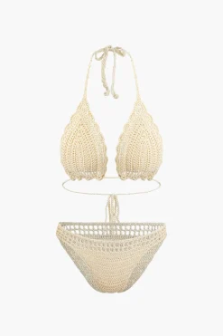 MICAS Swimwear|Vacation Sets-Crochet Halter Neck Bikini Set And Asymmetric Tassel Cover Up Set BEIGE