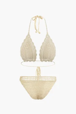 MICAS Swimwear|Vacation Sets-Crochet Halter Neck Bikini Set And Asymmetric Tassel Cover Up Set BEIGE