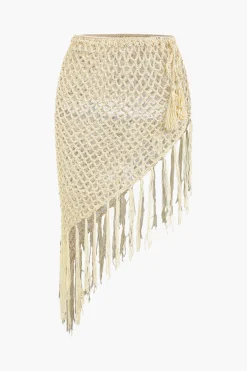 MICAS Swimwear|Vacation Sets-Crochet Halter Neck Bikini Set And Asymmetric Tassel Cover Up Set BEIGE