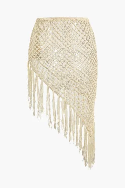 MICAS Swimwear|Vacation Sets-Crochet Halter Neck Bikini Set And Asymmetric Tassel Cover Up Set BEIGE