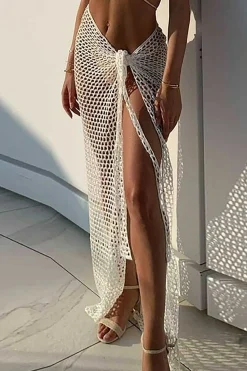 MICAS Swimwear-Crochet Knot Side Split Cover Up WHITE