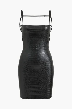 MICAS Mini Dresses-Crocodile Faux Leather Backless Sleeveless Slip Mini Dress BLACK