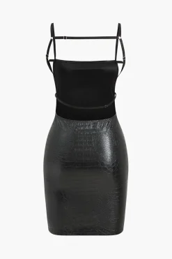 MICAS Mini Dresses-Crocodile Faux Leather Backless Sleeveless Slip Mini Dress BLACK