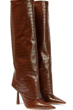 MICAS Shoes|Boots-Crocodile Faux Leather Stiletto Pointed Toe Knee High Boots