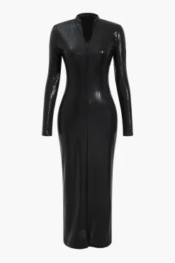MICAS Long Sleeve Dresses|Maxi Dresses-Crocodile Faux Leather Zipper V-Neck Maxi Dress BLACK