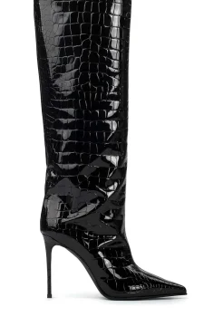 MICAS Shoes|Boots-Crocodile Leather High Tube Pointed Toe Over The Knee Boots BLACK