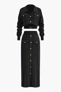 MICAS Knitwear|Knit Sets-Cropped Button-Up Knit Top And Maxi Skirt Set