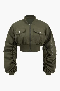 MICAS Outerwear|Outerwear-Cropped Ruched Stand Collar Jacket MILITARY