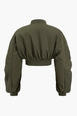 MICAS Outerwear|Outerwear-Cropped Ruched Stand Collar Jacket MILITARY