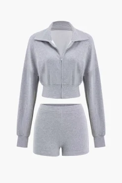 MICAS Short Sets-Cropped Zipper Top And Shorts Set LIGHT GRAY