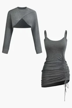 MICAS Skirt Sets-Cross Cut Out Crop Top And Asymmetrical Drawstring Mini Dress Set GRAY