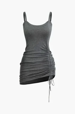 MICAS Skirt Sets-Cross Cut Out Crop Top And Asymmetrical Drawstring Mini Dress Set GRAY