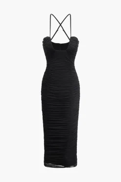 MICAS Maxi Dresses-Cross Strap Mesh Ruched Midi Dress BLACK