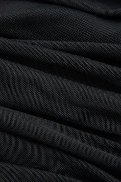 MICAS Maxi Dresses-Cross Strap Mesh Ruched Midi Dress BLACK