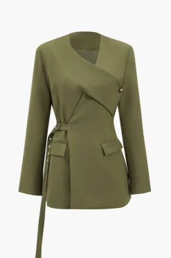 MICAS Outerwear|Outerwear-Crossed Button Pocket Belted Blazer OLIVE