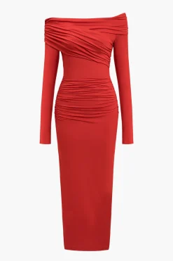 MICAS Long Sleeve Dresses|Midi Dresses-Crossed Long Sleeve Midi Dress CHILI