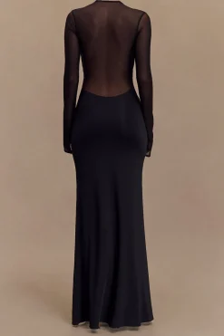 MICAS Long Sleeve Dresses|Maxi Dresses-Crossed Mesh Sheer V-Neck Long Sleeve Maxi Dress BLACK