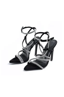 MICAS Shoes|Shoes-Crossed Rhinestone Pointed Toe High Heels BLACK