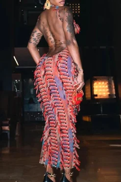 MICAS Midi Dresses-Cut Out Backless Ripped Midi Dress RED