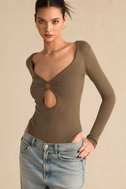 MICAS Bodysuits-Cut Out Long Sleeve Ruched Bodysuit KHAKI