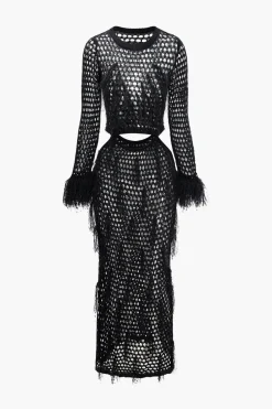 MICAS Knit Dresses-Cut Out Open Knit Fringe Cuff Maxi Dress BLACK