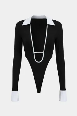 MICAS Bodysuits-Cut Out Patchwork Contrast Binding Long Sleeve Bodysuit BLACK