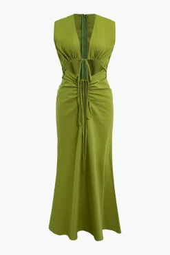MICAS Maxi Dresses-Cut Out Sleeveless V-Neck Maxi Dress OLIVE