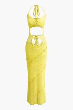 MICAS Knitwear|Knit Dresses-Cut Out Tie Halter Maxi Dress YELLOW