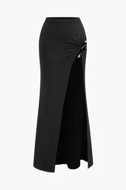 MICAS Skirt Sets-Cutout Bodysuit And High-Slit Skirt Set BLACK