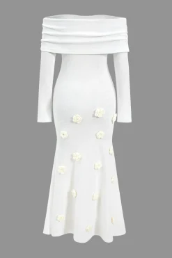 MICAS Long Sleeve Dresses|Knit Dresses-3D Floral Knit Off Shoulder Long Sleeve Dress WHITE