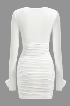 MICAS Mini Dresses|Long Sleeve Dresses-3D Floral Long Sleeve Round Neck Ruched Mini Dress WHITE