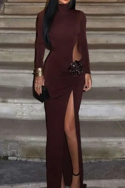 MICAS Long Sleeve Dresses|Maxi Dresses-3D Floral Slit Long Sleeve Maxi Dress