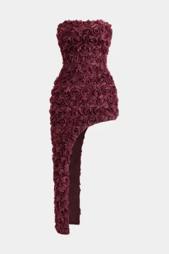 MICAS Midi Dresses-3D Floral Strapless Sleeveless Midi Dress BURGUNDY